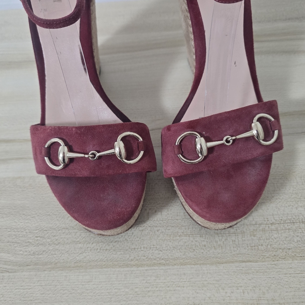 Gucci Horsebit Suede Wedge Espadrille Sandals In Dry Rose Size EU40/US10 - Picture 4 of 15